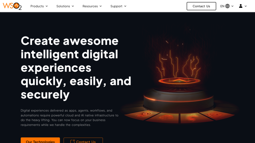 Homepage featuring a tagline about creating digital experiences with a visual of glowing hands.