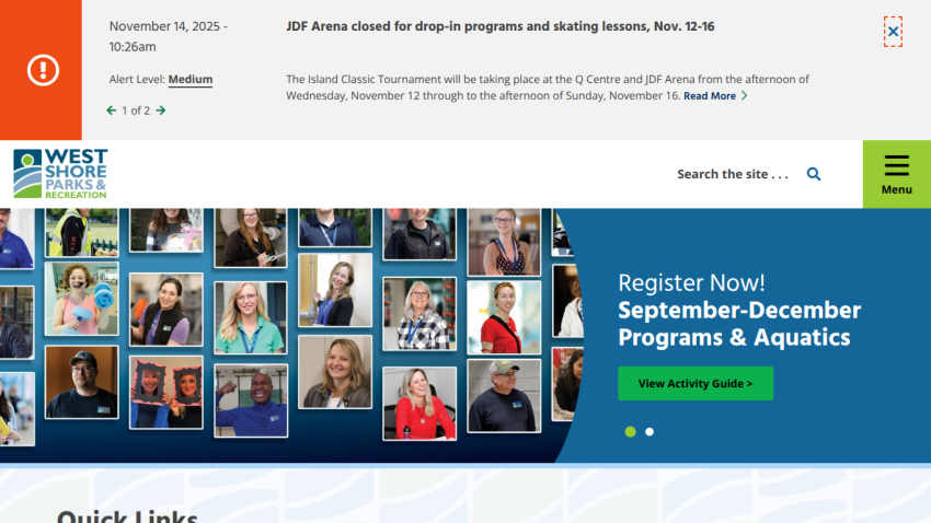 West Shore Parks & Recreation homepage with announcement banner and registration call for September-December programs and aquatics