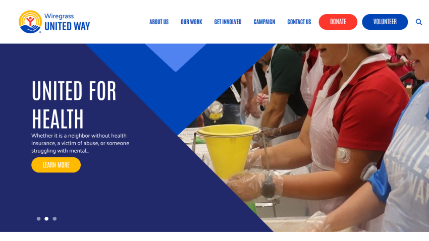Homepage header with navigation menu and hero section featuring a promotional banner and call-to-action button