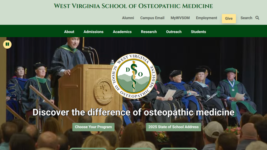 West Virginia School of Osteopathic Medicine homepage with navigation and hero image featuring a speaker at a podium and audience