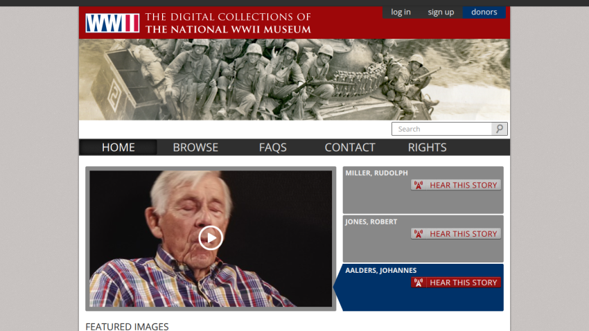 The Digital Collections of the National WWII Museum website with navigation menu, search bar, and featured video stories of veterans.