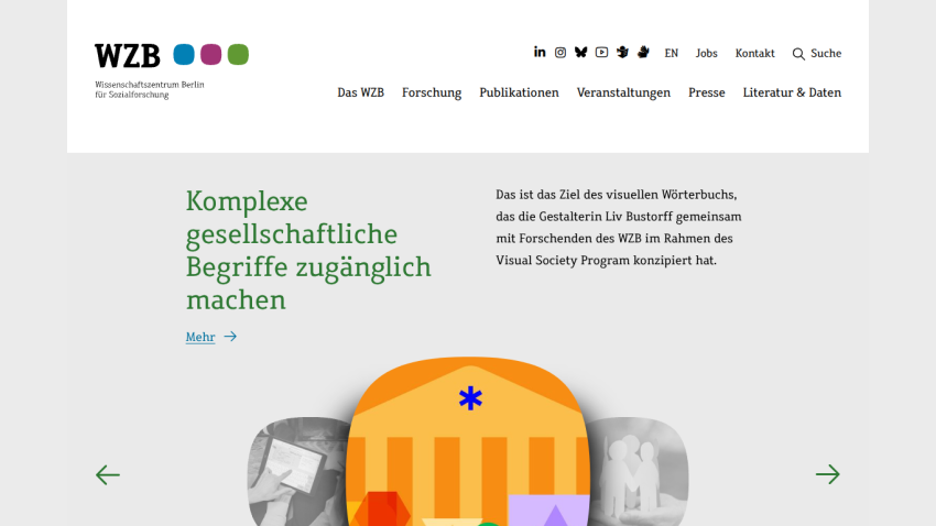 Homepage of WZB with a colorful illustration and text about making complex social concepts accessible.
