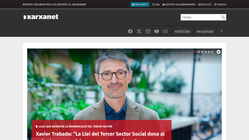 Xarxanet website with news about Xavier Trabado and the Social Third Sector Law