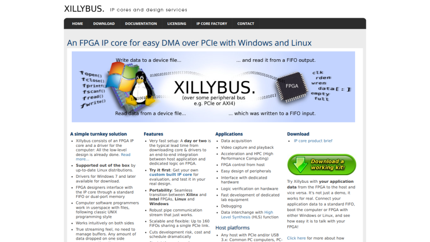 Xillybus FPGA IP core for easy DMA over PCIe with Windows and Linux, featuring turnkey solution, features, applications, and download link