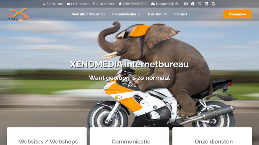 Website homepage with navigation bar, large hero image of an elephant riding a motorcycle, and tagline about normality