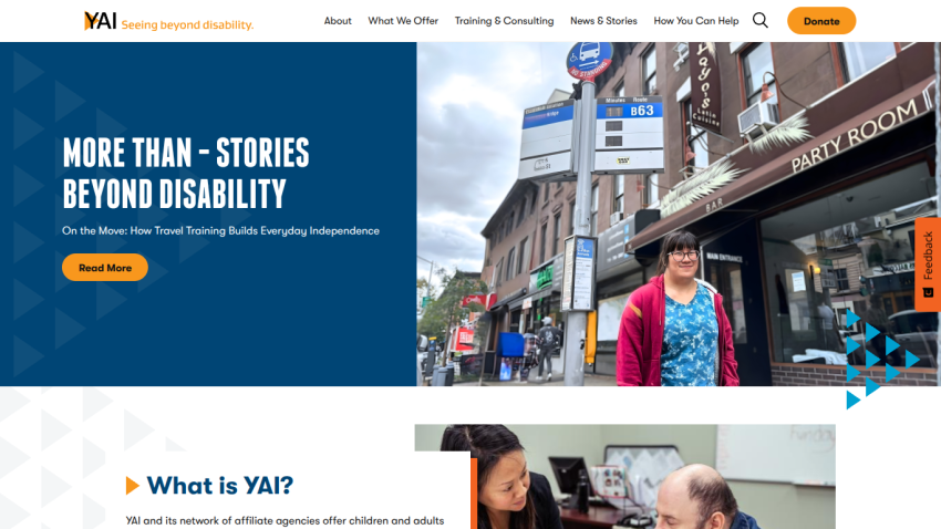 YAI website hero section with headline 'More Than - Stories Beyond Disability' and a person standing on a city street