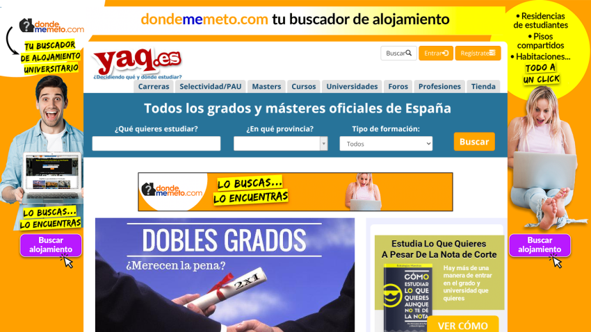 Website offering search for official degrees and masters in Spain with filters for study field, province, and training type