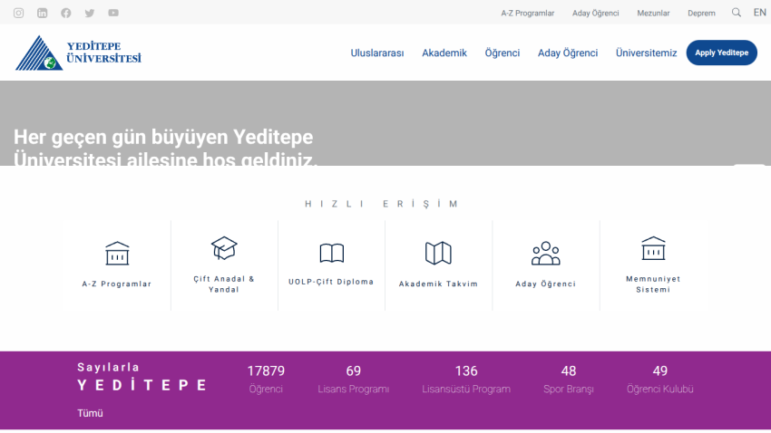 Homepage of Yeditepe University with navigation and key information displayed.