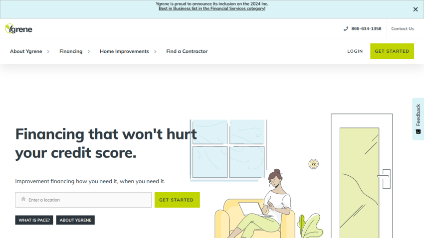 Ygrene homepage offering financing that won't hurt your credit score with location input and call to action buttons