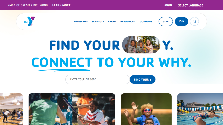 YMCA Greater Richmond homepage with navigation, slogan 'Find your Y. Connect to your why.', zip code search, and images of children and activities.