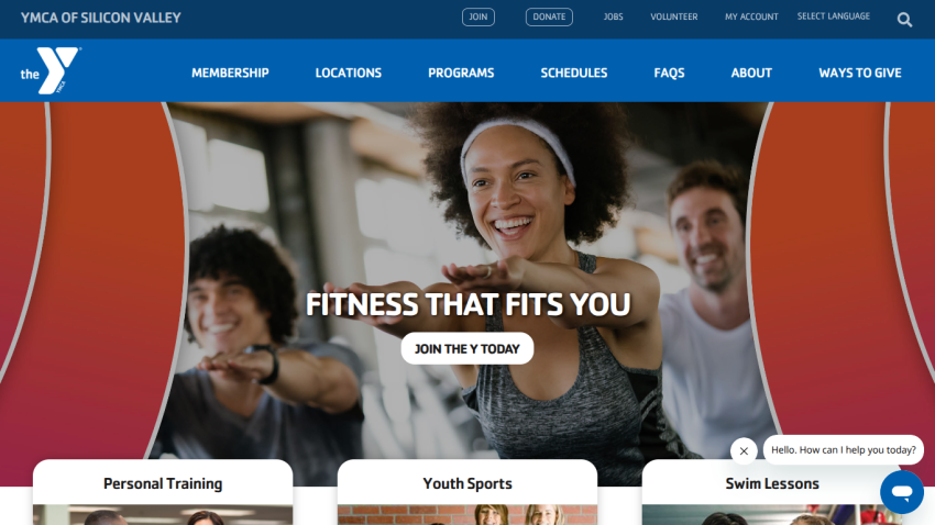 YMCA Silicon Valley homepage with headline 'Fitness That Fits You' and call to action to join, showing people exercising
