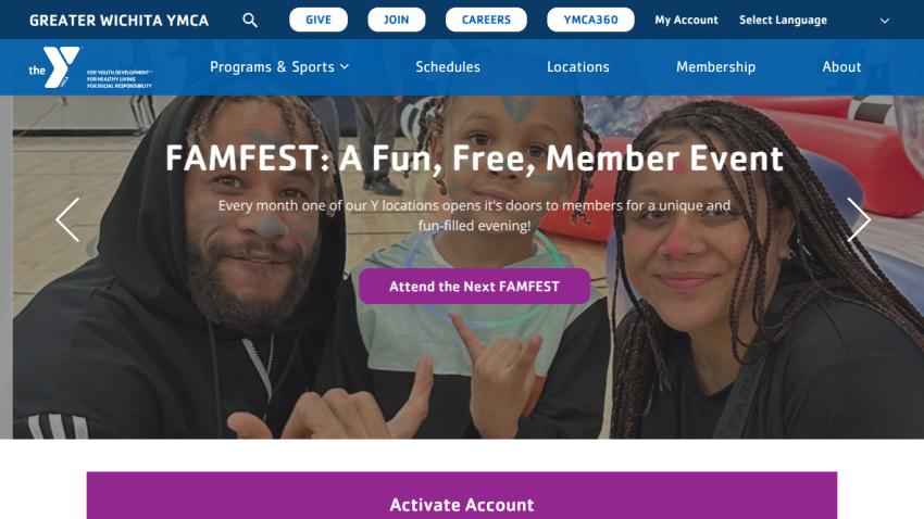 Greater Wichita YMCA homepage promoting FamFest, a free member event with a call-to-action button
