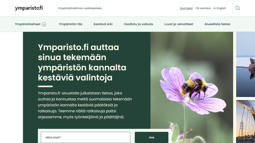 Homepage of ymparisto.fi with a bee on a flower and text about sustainable choices.
