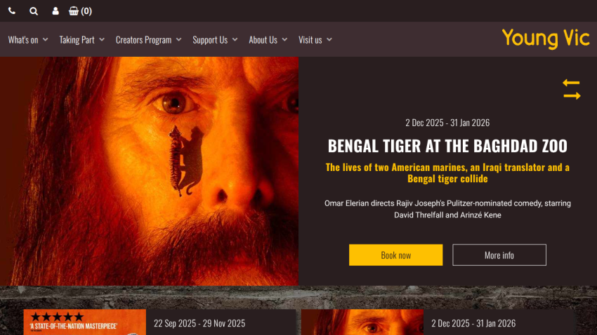 Theatre website promoting Bengal Tiger at the Baghdad Zoo play with dates, director, cast, and booking options