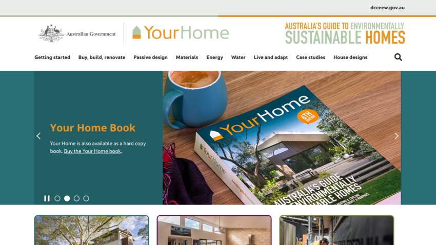 Homepage of YourHome featuring a book cover and sustainable home resources.