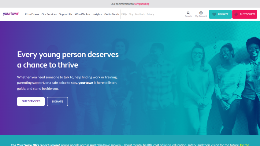 Yourtown homepage promoting support for young people with services, donation, and ticket options