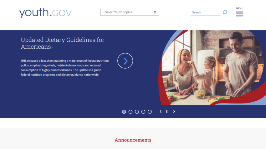 Homepage featuring updated dietary guidelines with a family cooking together.