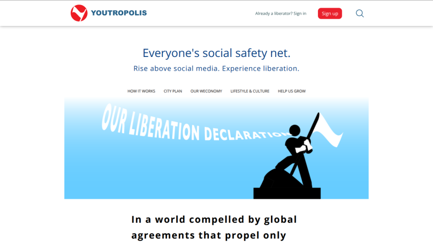Youtropolis social platform with tagline Everyone's social safety net and navigation links