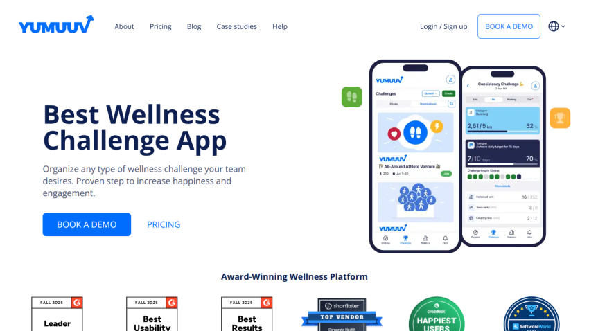 Wellness challenge app homepage with demo booking, pricing links, and app screenshots showing challenge tracking features