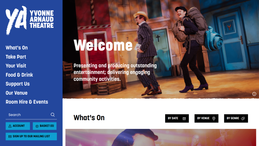 Yvonne Arnaud Theatre homepage with navigation menu and welcome message about entertainment and community activities.