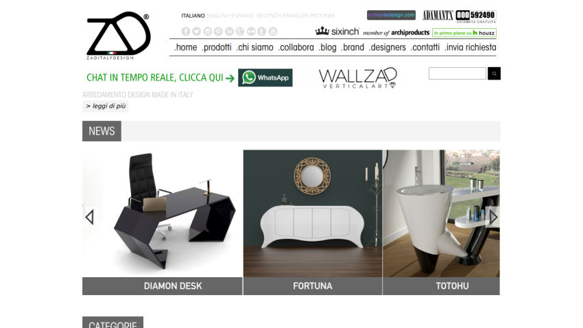 Italian design website featuring modern furniture products Diamon Desk, Fortuna, and TotoHu with navigation and contact info
