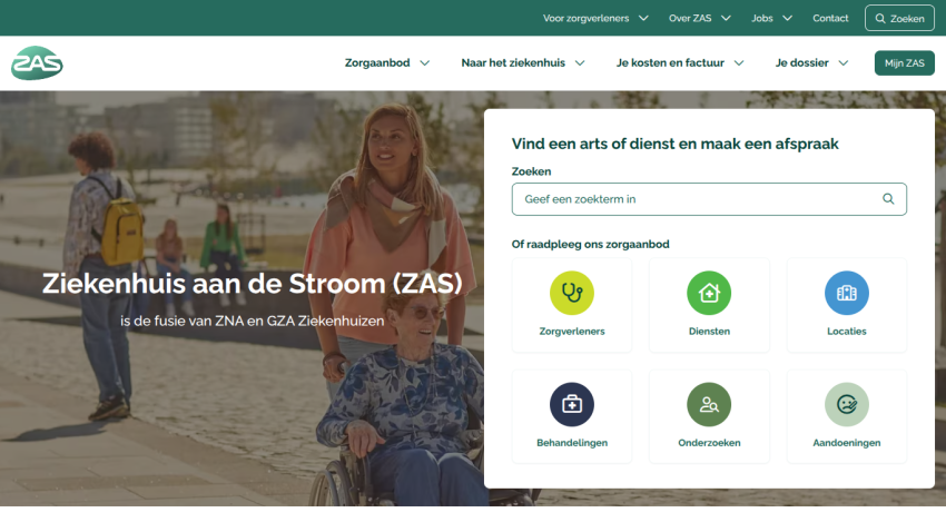 Ziekenhuis aan de Stroom hospital homepage with search and service options in Dutch