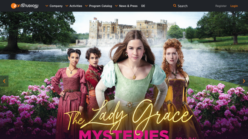 ZDF Studios homepage featuring The Lady Grace Mysteries with four characters in period costumes in front of a castle and flowers.