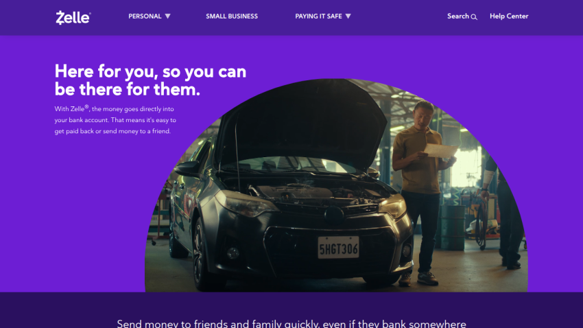 Zelle homepage hero with headline about sending money to friends and family, showing a car repair scene