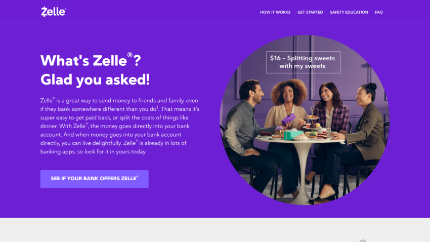 Zelle homepage featuring a group discussing money transfers with a purple background.