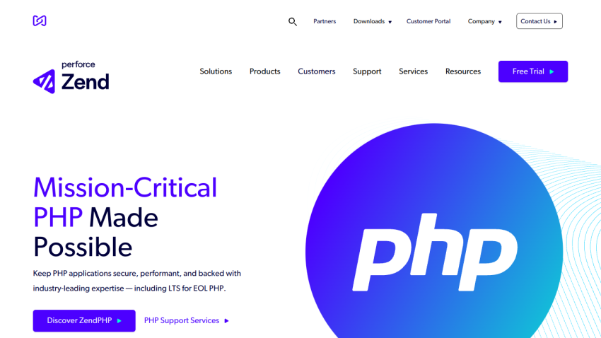 Zend homepage featuring 'Mission-Critical PHP Made Possible' with a prominent PHP logo.