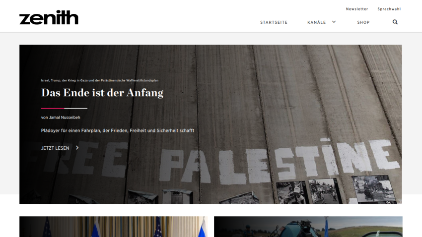 News article titled 'Das Ende ist der Anfang' about Israel, Trump, Gaza war and Palestinian ceasefire plan