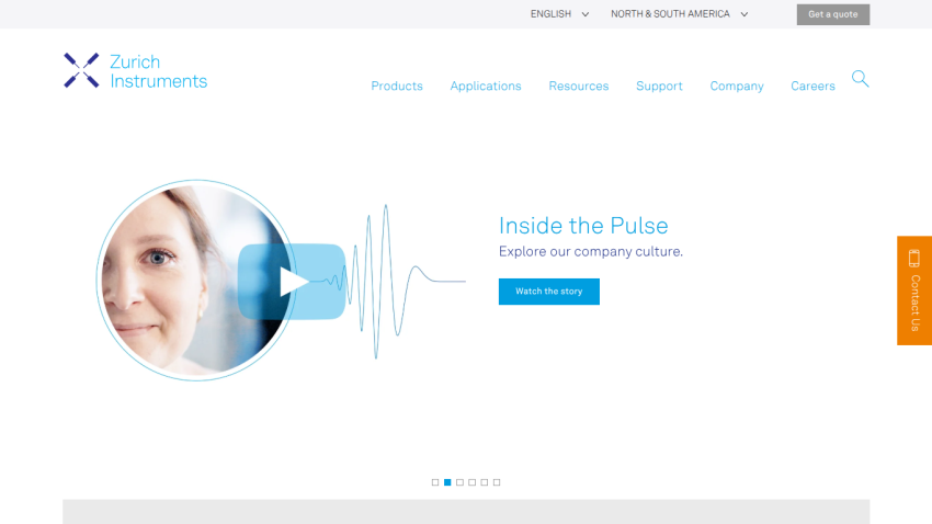 Zurich Instruments homepage with navigation and a video section titled 'Inside the Pulse' about company culture