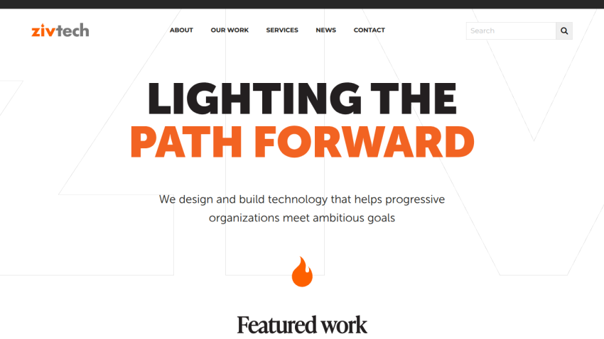 Homepage of Zivtech featuring the tagline 'Lighting the Path Forward' and a brief description of services.