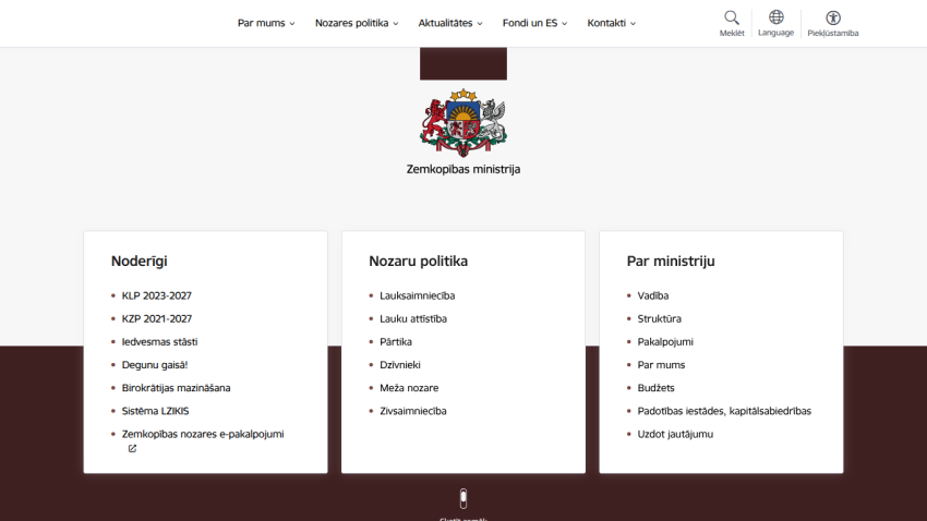 Latvian Ministry of Agriculture website with navigation menu and sections on services, sector policies, and ministry information.