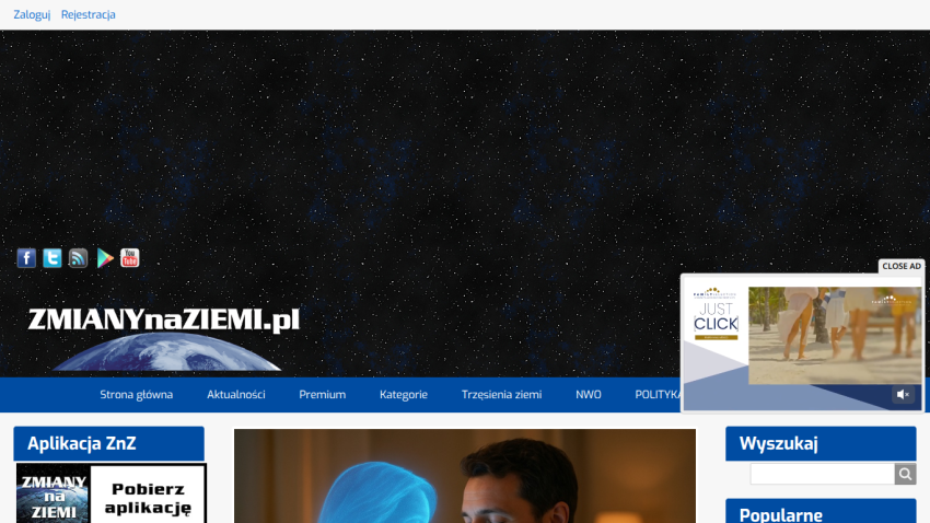 Zmiany na Ziemi website with navigation bar, social media icons, and app download section