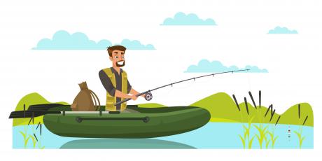 Illustration of a man fishing with a rod while rowing a rubber dingy boat. 