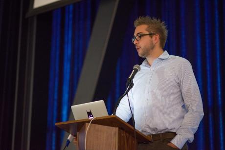 A young Dries Buytaert delivering the keynote presentation at BADCamp 2012 in Berekeley, California. Image credit: Ezra Barnett Gildesgame/Flickr