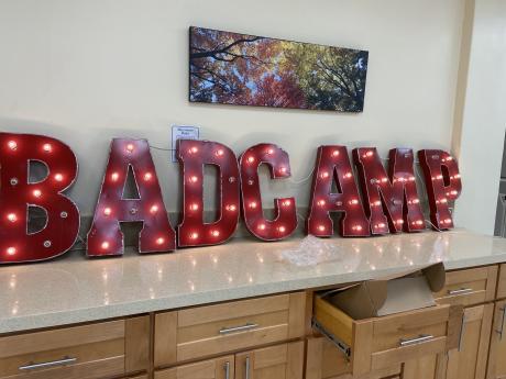 Illumination lettering BADCAMP at the venue of Bay Area Drupal Camp 2022