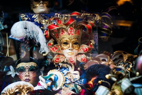 Assorted color masquerade mask collection in a shop in Barcelona, Spain