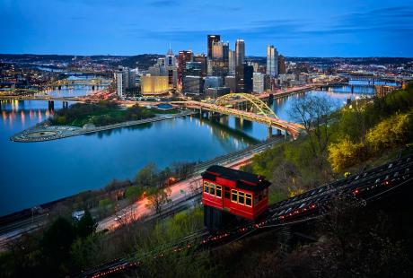Pittsburgh by night, Duquesne Incline in front.