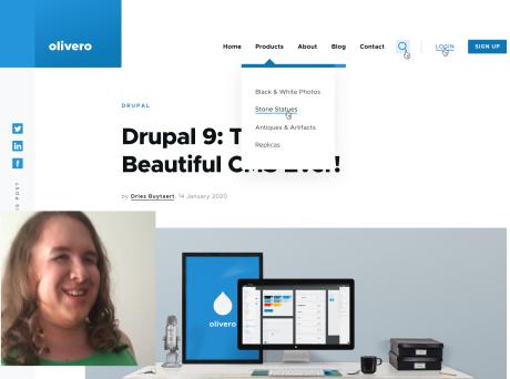 Screenshot of Dries' blog post in Olivero Theme and a mugshot of Rachel Olivero