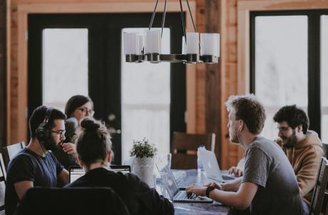 a group of people working