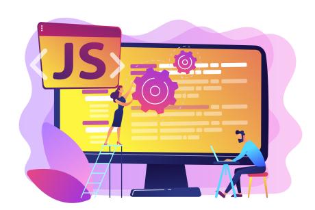 Programmers using JavaScript programming language on computer, tiny people. JavaScript language, JavaScript engine, JS web development concept. Bright vibrant violet isolated illustration
