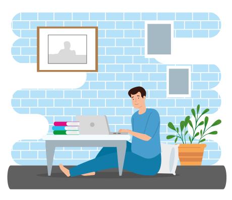 Young man stay at home using laptop