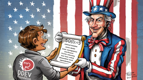  Uncle Sam, the quintessential symbol of the United States, proudly presenting a scroll to a representative of the DDEV Foundation.