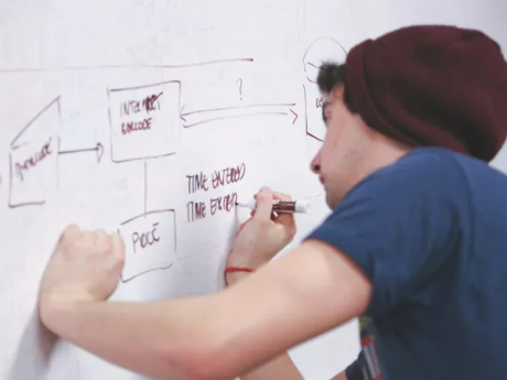 Man writing on white board