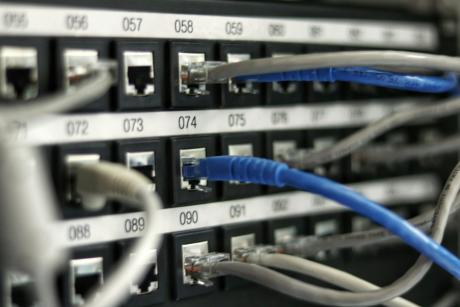 Data cables plugged into a server or load balancer