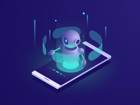 Artificial Intelligence, isometric ai robot on mobile phone screen, chatbot app