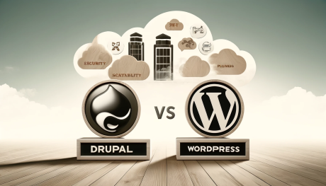 A professional and clean landscape image illustrating a comparison between Drupal and WordPress as CMS options in 2024. The image should show the logo
