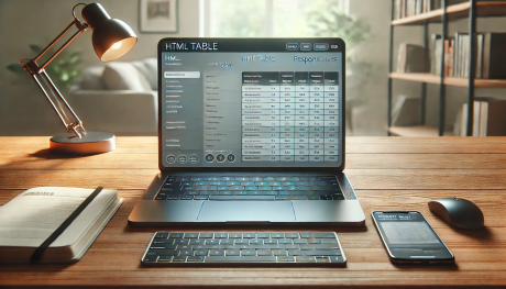 A landscape image showing a modern, sleek laptop on a wooden desk, displaying an HTML table with clear navigation controls on the screen.